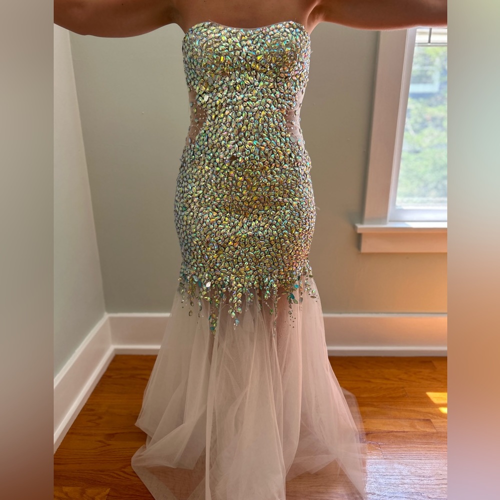 Milano Formals Strapless Rhinestone Mermaid Prom Dress